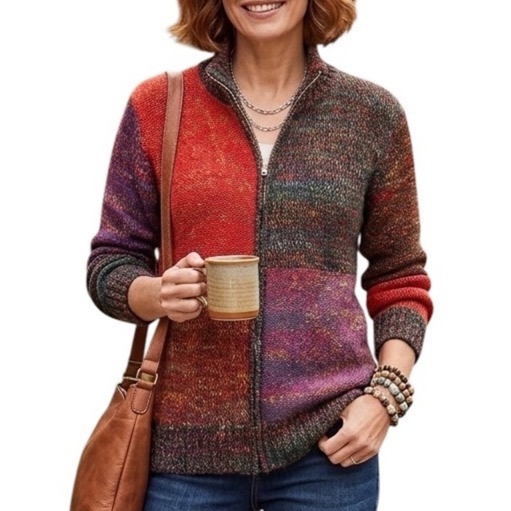 Coldwater Creek Womens Large Full Zip Cardigan Sweater Colorblock Marled Knit